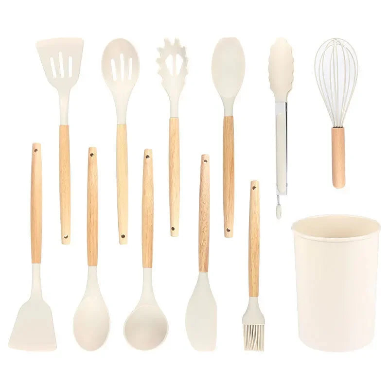 12Set of Wooden Handle Silicone Household Kitchen Tools Non-Stick Pan Cooking Spatula and Soup Spoon Silicone Kitchenware Set