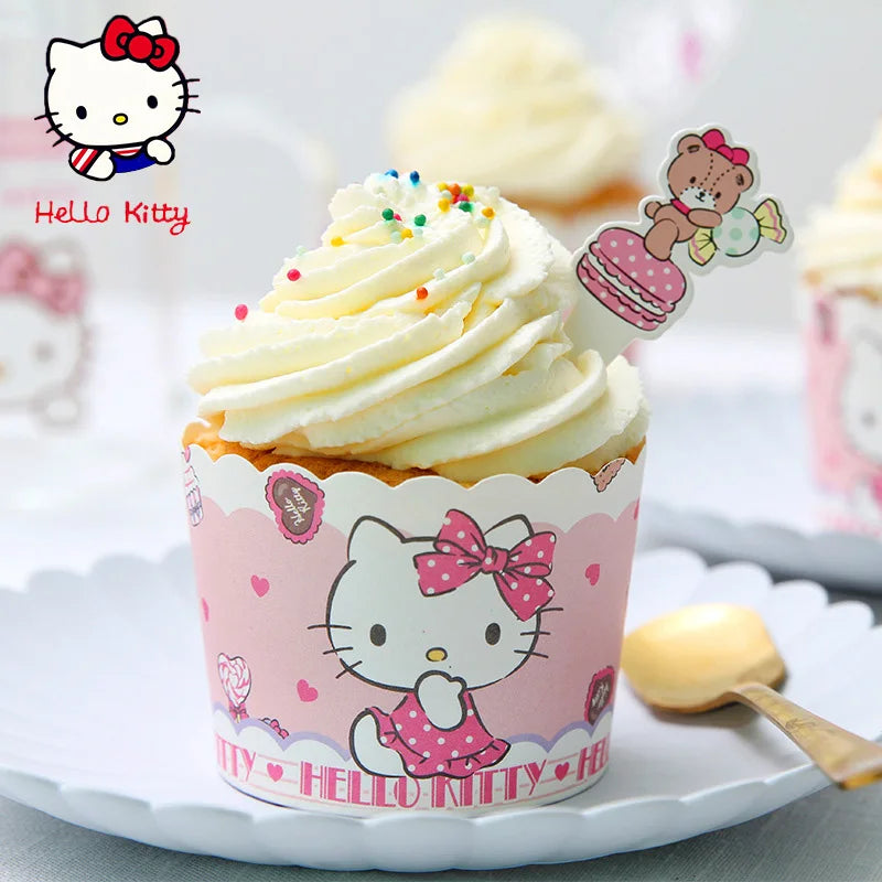 50pcs/set (25 wrappers+25 toppers) Sanrio hello Kitty cupcake packaging for children's birthday party decoration dessert cups