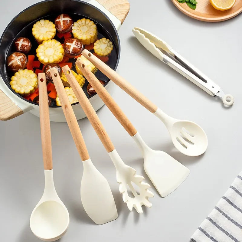 12Set of Wooden Handle Silicone Household Kitchen Tools Non-Stick Pan Cooking Spatula and Soup Spoon Silicone Kitchenware Set